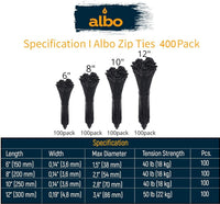 ALBO Black Zip Ties Assorted Sizes 400 Pack Plastic Cable Ties 6+8+10+12 inch Wire Tie UV Resistant Nylon Tie Wraps Assorted Sizes