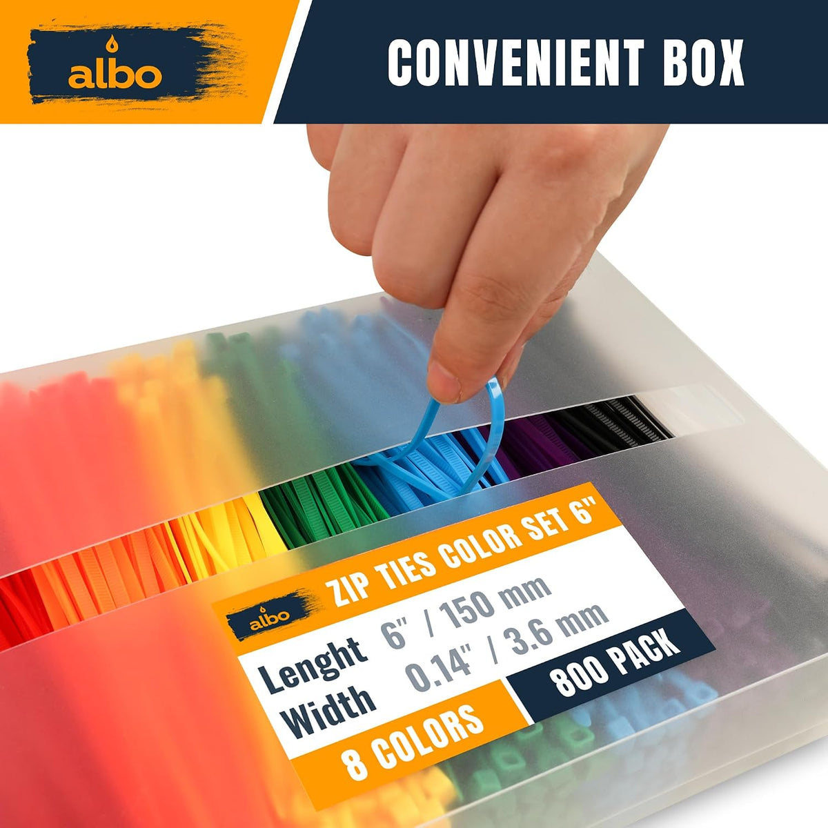 ALBO 800 Pcs. Multicolor Zip Ties, 6 Inch, 40 lb Tensile Strength - Nylon Cable Ties for Home & Office
