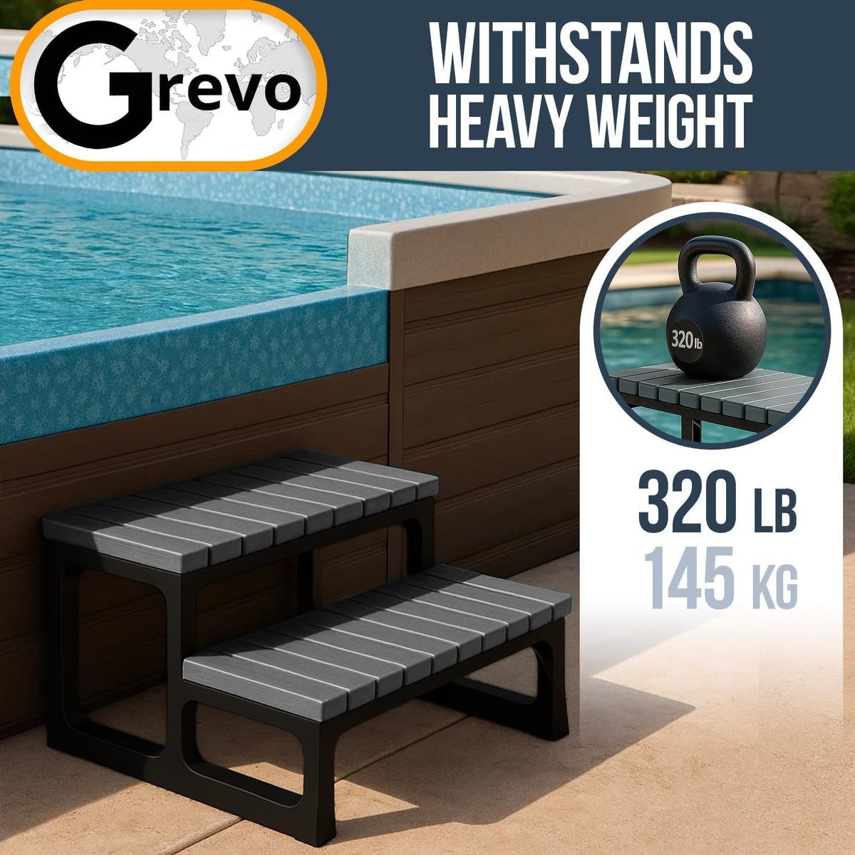 Grevo Outdoor Hot Tub Steps - Non-Slip Plastic Spa Steps, 23.6" Wide, Grey