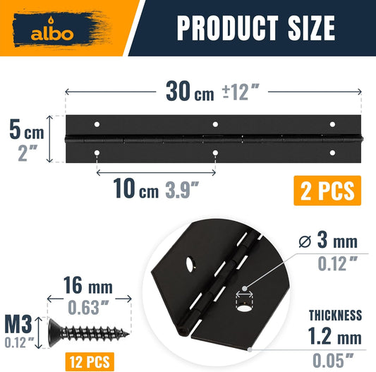 ALBO 12 Inch Black Heavy Duty Stainless Steel Piano Hinge 2-Pack