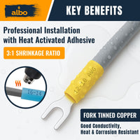 ALBO 12-10 AWG Heat Shrink Fork Connectors #10 Stud – 100 Pack Yellow Waterproof Electrical Spade Terminals, Tinned Copper Crimp Wire Connectors for Automotive, Marine & Battery Wiring