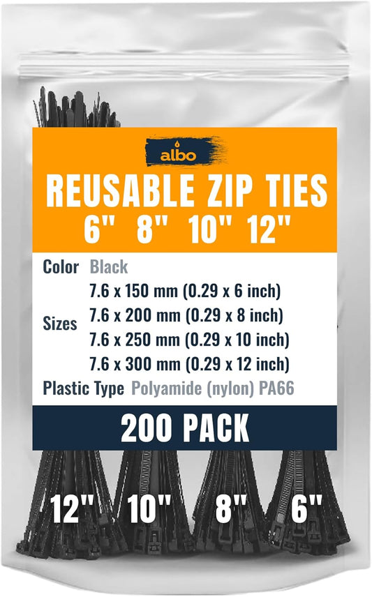 ALBO Black Reusable Assorted Zip Ties 200 Pack
