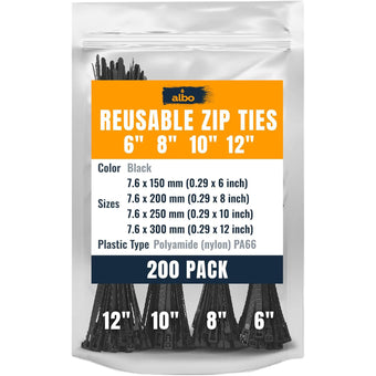 compare product ALBO Zip Ties Assorted Sizes (6-12 inch) 200 Pack