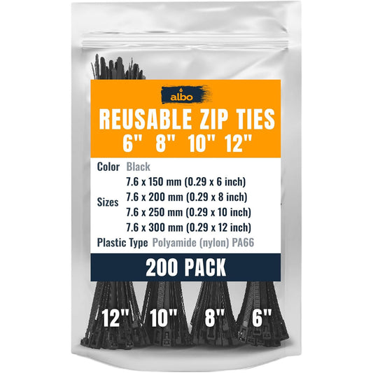 ALBO Zip Ties Assorted Sizes (6-12 inch) 200 Pack