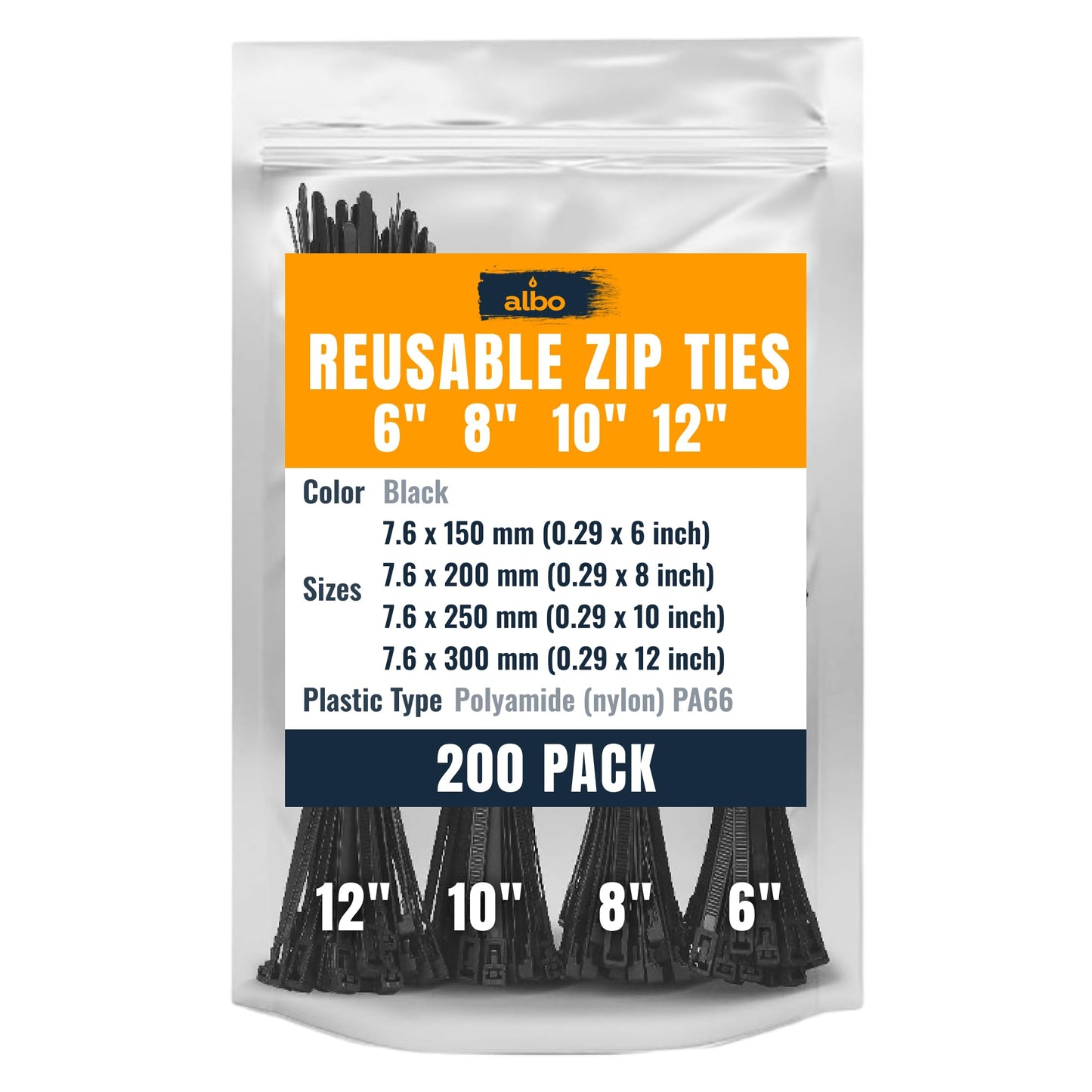 ALBO Black Reusable Zip Ties Assorted Sizes 200 Pack (6+8+10+12 Inch) Heavy Duty Releasable Cable Ties UV Resistant Nylon Tie Wraps
