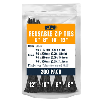 compare product ALBO Black Reusable Zip Ties Assorted Sizes 200 Pack (6+8+10+12 Inch) Heavy Duty Releasable Cable Ties UV Resistant Nylon Tie Wraps