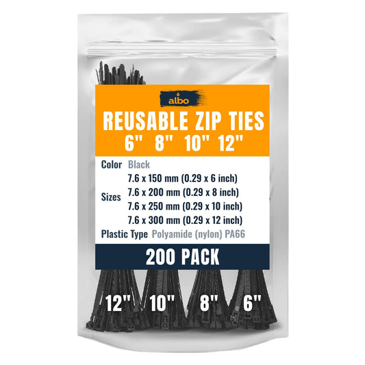 ALBO Black Reusable Zip Ties Assorted Sizes 200 Pack (6+8+10+12 Inch) Heavy Duty Releasable Cable Ties UV Resistant Nylon Tie Wraps