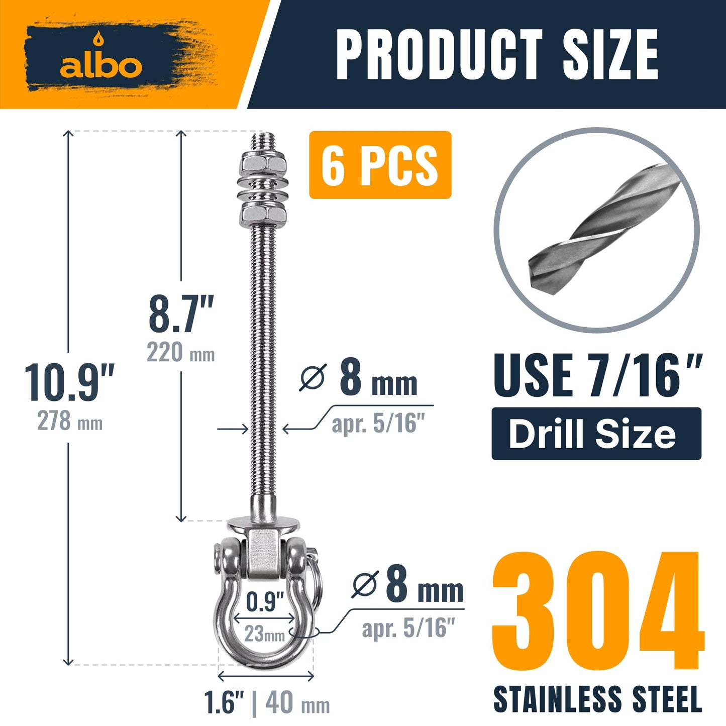 Albo 6 Pack Heavy Duty Swing Hangers – 8.7 Inch, 304 Stainless Steel, 1800 lbs Swivel Hooks for Hammock, Porch, Gym, Punching Bag, Yoga, Playground, Ceiling Mount for Wood & Concrete Indoor Outdoor
