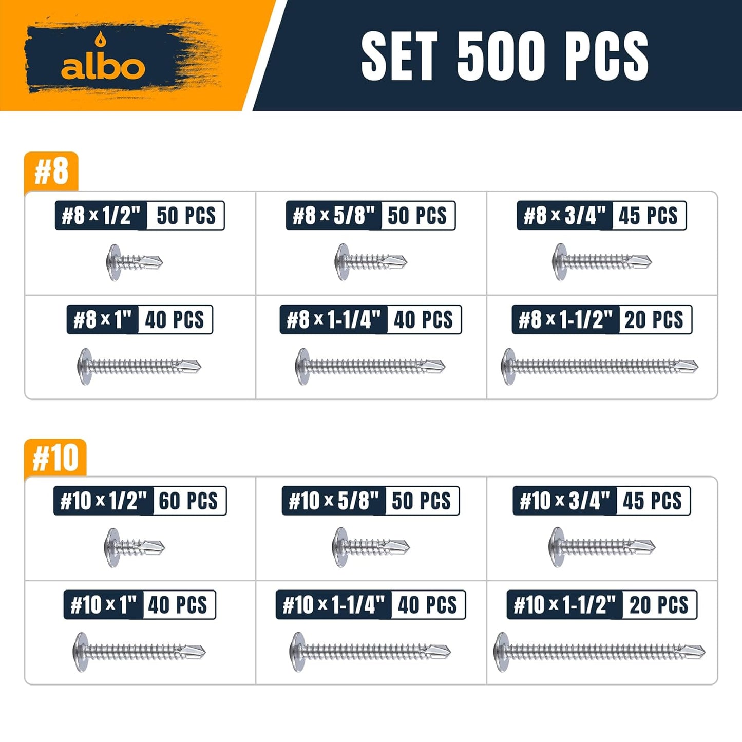 ALBO Stainless Steel Self-Tapping Metal Screws 500pcs