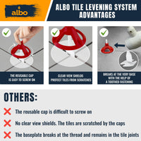 ALBO Tile Leveling System Set 1/16 inch - 200 PCS - Professional Floor & Wall Spacer Kit with Reusable Caps & Protection Plates - Anti-Lippage Installation Tools for Large and Small Tile Formats