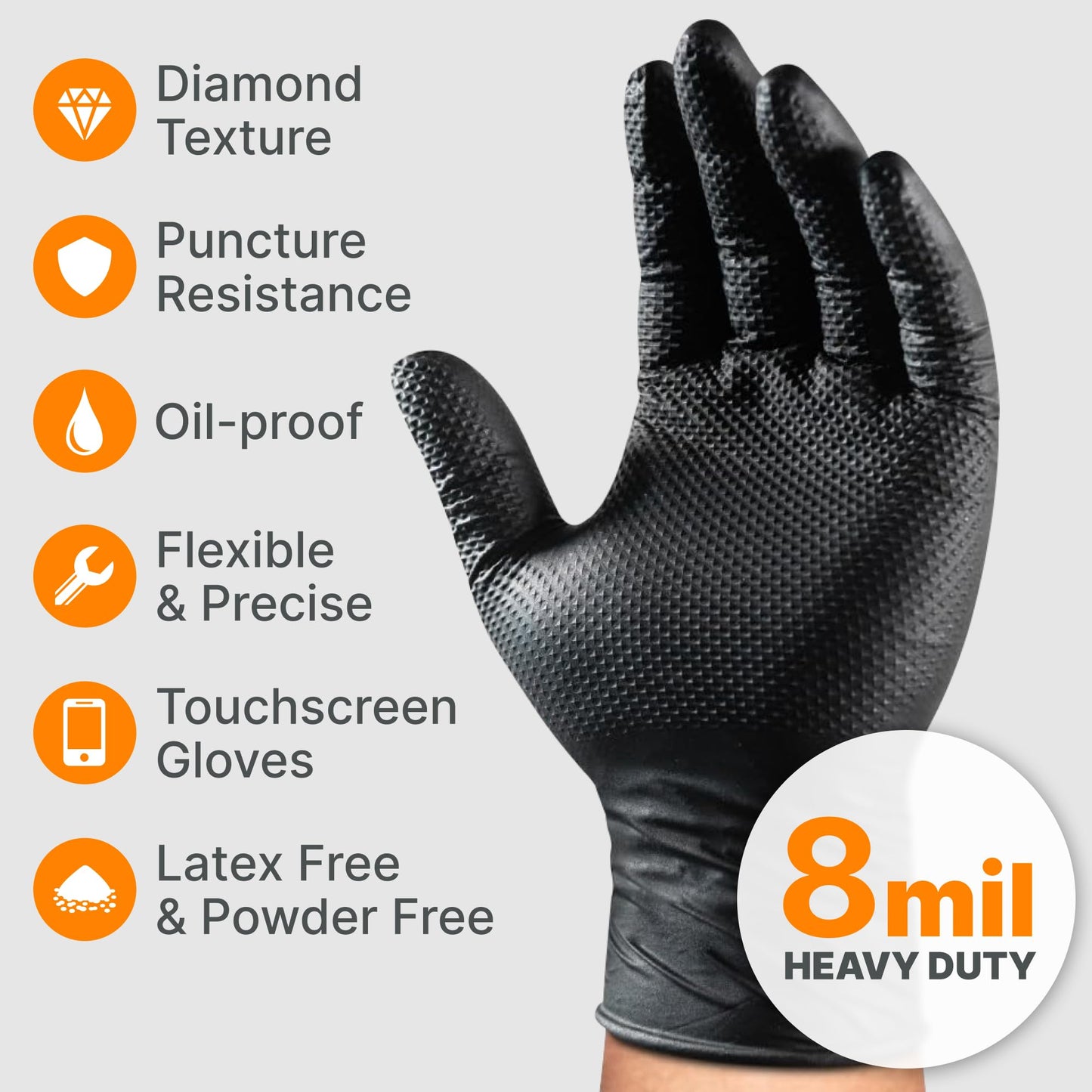 Grevo Disposable 5 & 8 Mil Black Nitrile Gloves S-XL – Heavy Duty Latex & Powder-Free – Textured, Chemical-Resistant (100 PCS 8 Mil, Small)