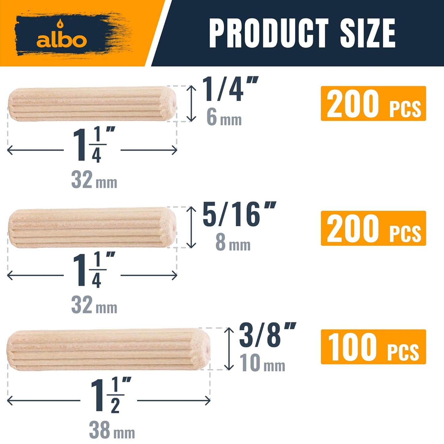 ALBO Wooden Dowel Pins Assorted Sizes 1/4–3/8 inch Fluted 500pcs