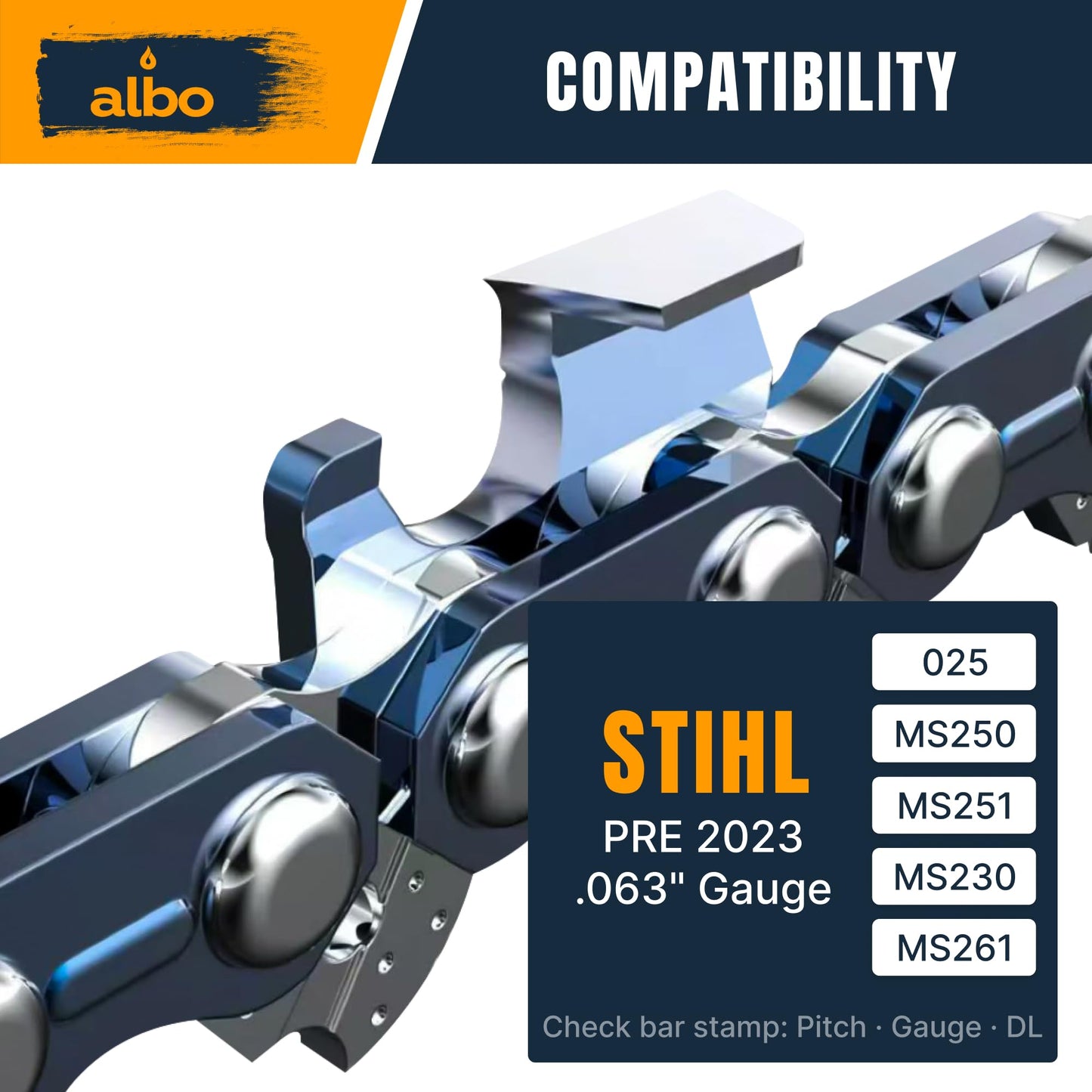 ALBO 18 Inch Chainsaw Chain .325" Pitch .063" Gauge 68 Drive Links - Full Chisel Chrome-Plated Cutters, Reinforced Rivets, Compatible with (PRE 2023 .063") 025, MS250, MS251, MS230, MS260