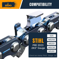 ALBO 18 Inch Chainsaw Chain .325" Pitch .063" Gauge 68 Drive Links - Full Chisel Chrome-Plated Cutters, Reinforced Rivets, Compatible with (PRE 2023 .063") 025, MS250, MS251, MS230, MS260