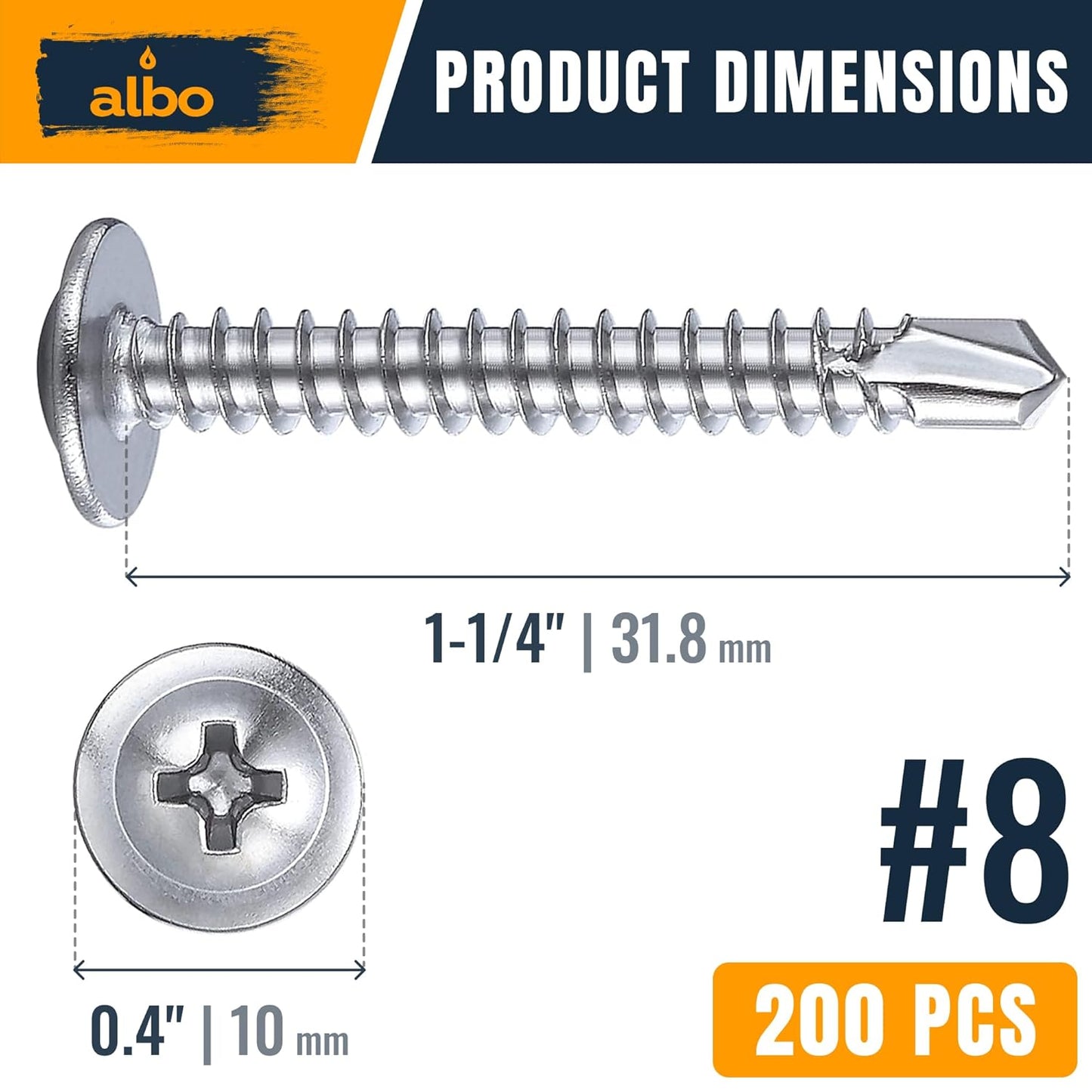 ALBO #8 x 1-1/4 inch Stainless Steel Self-Tapping Screws 200pcs