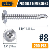 ALBO #8 x 1-1/4 inch Stainless Steel Self-Tapping Screws 200pcs