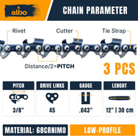 3/8" LP Pitch .043" Gauge 45DL 12" Chainsaw Chain 3 Pack - Low-Profile Full-Chisel Chrome Cutters, Reinforced Rivets, Fits Dolmar, Ð¡achs, Dewalt 20V DCCS620, Milwaukee M18 FUEL, WG350/ 380, LCS1240