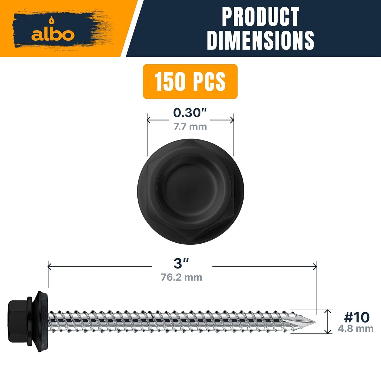 ALBO Metal Roofing Screws #10 × 3 Inch Black 150pcs
