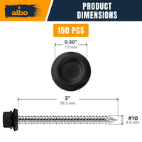 ALBO Metal Roofing Screws #10 × 3 Inch Black 150pcs