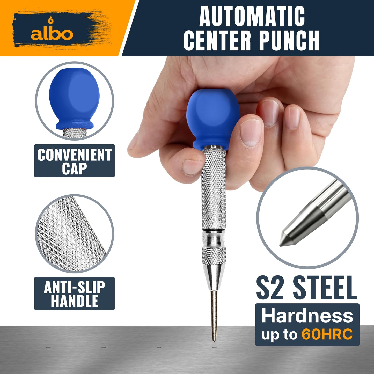 ALBO Automatic Center Punch Set – 3 Heavy Duty Spring Loaded Punch Tools for Metal, Wood, Steel – Precision Tips, Galvanized & Blackened Options, Storage Box – Ideal for DIY, Workshop & Professionals