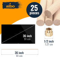 ALBO 1/2" x 36" Birch Wooden Dowel Rods - 25 Pack for Crafting, Joinery & DIY Projects