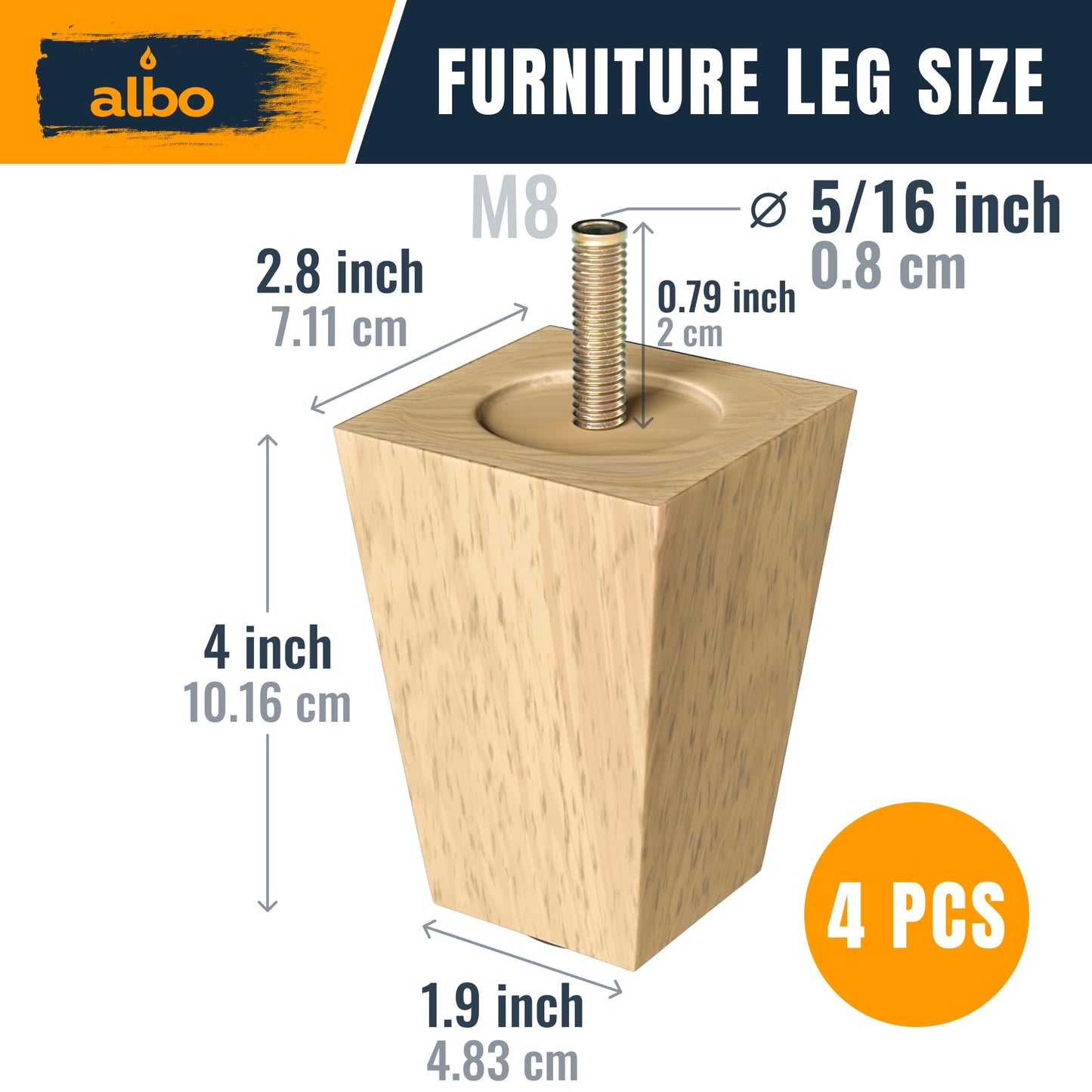 Albo Wood Furniture Legs 4 inches, Heavy Duty Sofa Legs, Pack of 4 Square Couch Legs Covered with Clear Varnish, Sofa Replacement Parts, for Dresser Legs, Sideboard, Recliner Couch, Circle Chair
