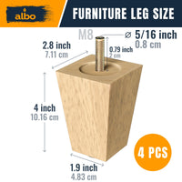 Albo Wood Furniture Legs 4 inches, Heavy Duty Sofa Legs, Pack of 4 Square Couch Legs Covered with Clear Varnish, Sofa Replacement Parts, for Dresser Legs, Sideboard, Recliner Couch, Circle Chair