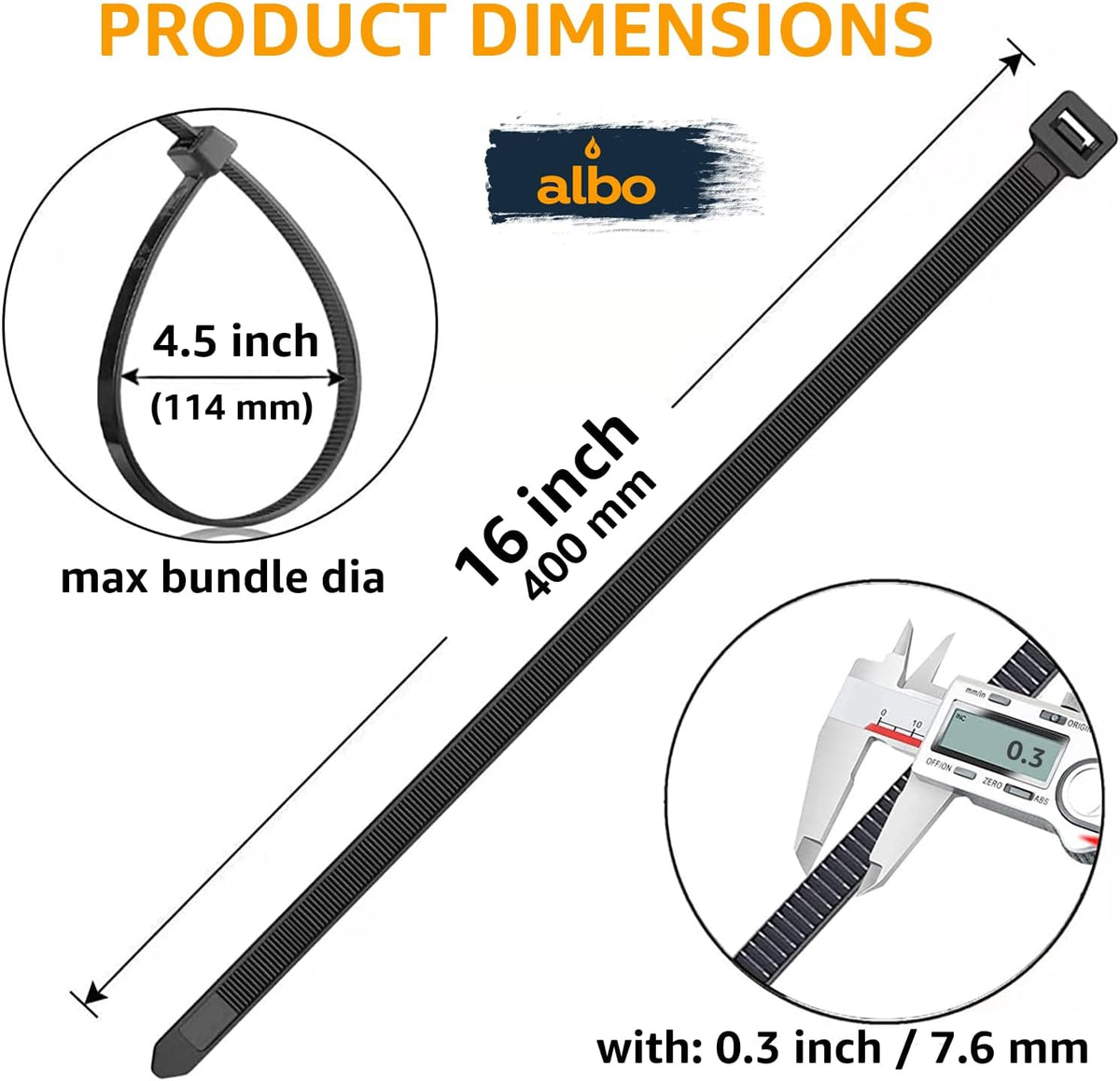 ALBO 100 Pcs. Black Heavy-Duty Zip Ties, 16 Inch, 120 lb Tensile Strength