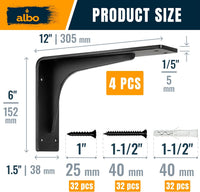 ALBO 12" Heavy Duty Countertop Support Brackets 4PCS – 400 lb 5mm Steel Hidden Floating Shelf Corbel, Matte Black