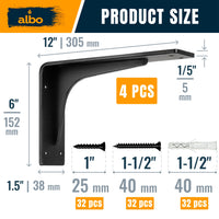 ALBO 12" Heavy Duty Countertop Support Brackets 4PCS, 400 lb 5 mm Steel – Hidden Floating Shelf Corbel | Matte Black Powder-Coated L Brackets Incl Screws & Anchors for Quartz Granite Wood Concrete