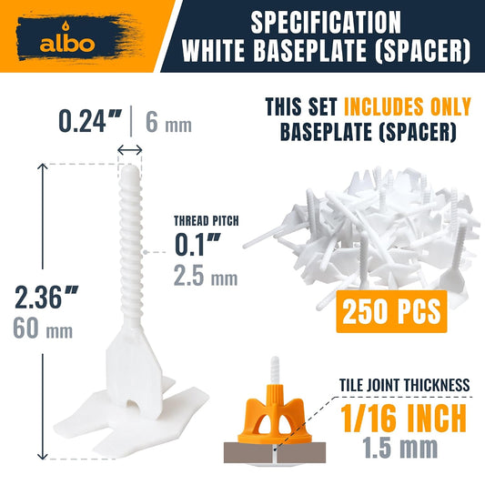 ALBO Tile Leveling System Base Plates 1/16" - 250 PCS - Professional Floor & Wall Spacers, Anti-Lippage Installation Clips
