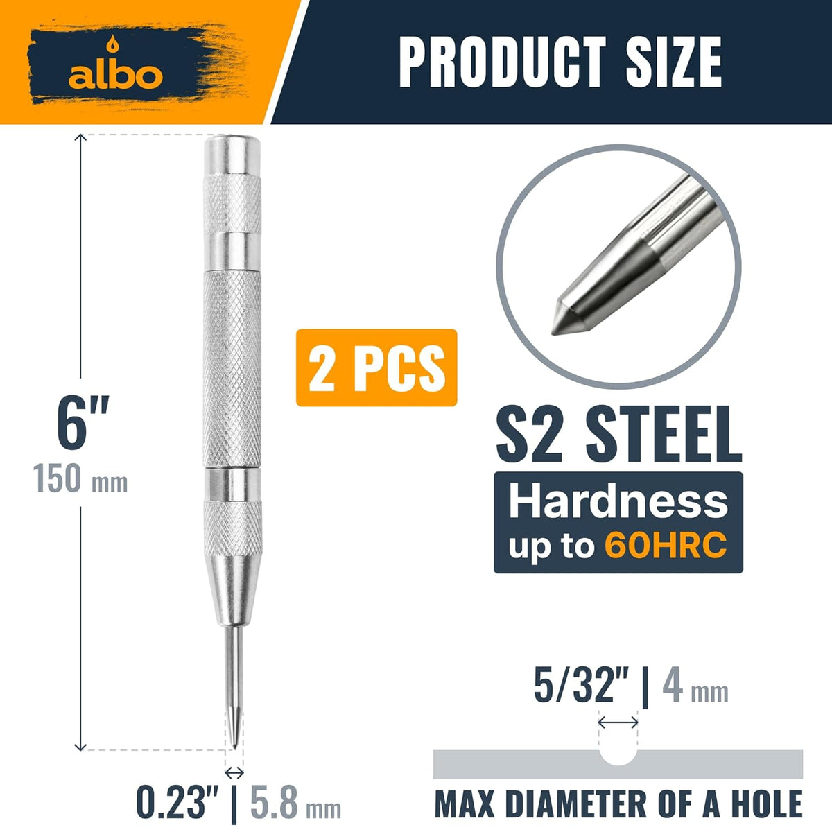 ALBO Spring Loaded Center Punch Tool 6 Inch 2pcs