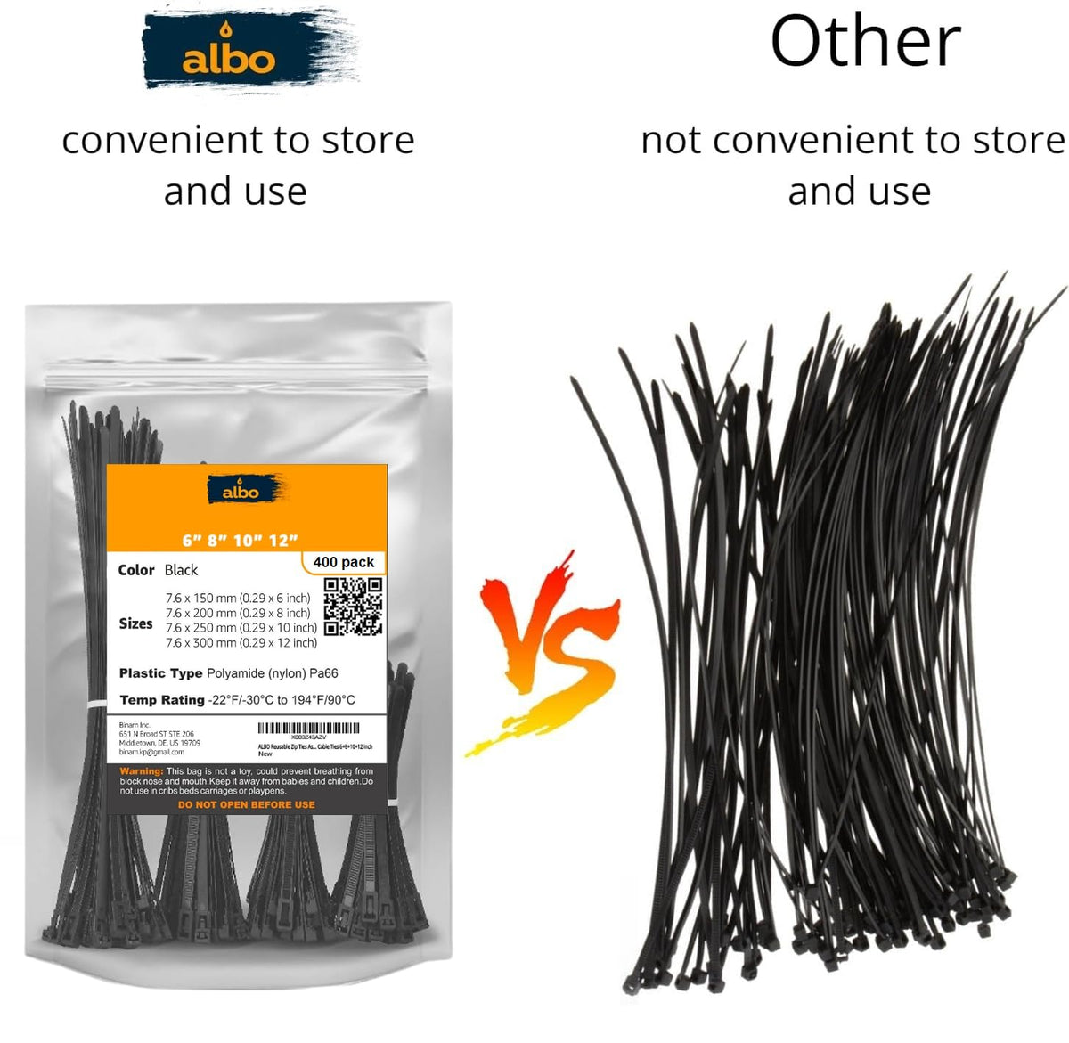 ALBO Black Zip Ties Assorted Sizes 400 Pack Plastic Cable Ties 6+8+10+12 inch Wire Tie UV Resistant Nylon Tie Wraps Assorted Sizes