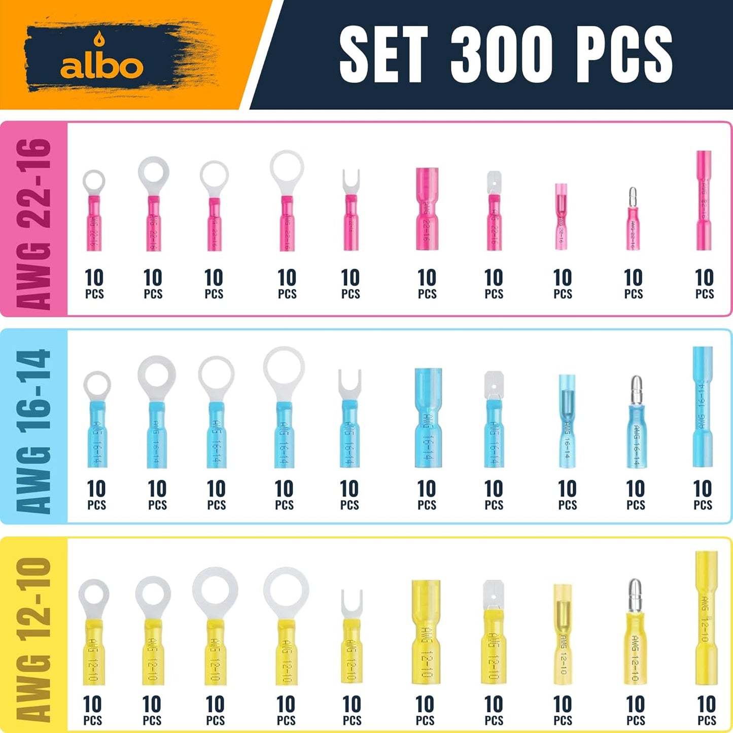 ALBO Electrical Connector Kit 3 Colors / 30 Size Heat Shrink Waterproof Connectors 300pcs