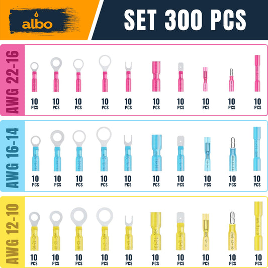 ALBO 300PCS Electrical Connector Kit 3 Colors / 30 Size, Heat Shrink Waterproof Crimp Wire Connectors with Ring Terminals, Spade & Fork Terminal Connectors, Male and Female Wire Terminals