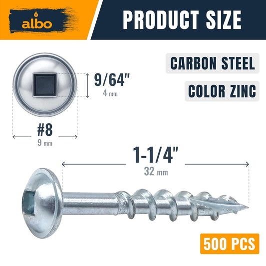 ALBO Pocket Hole Screws #8 x 1-1/4" 500 PCS Zinc Carbon Steel