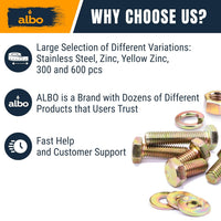 ALBO Grade 5 Yellow Zinc Hex Bolts and Nuts Assortment 1/4"-3/8", 1/2"-1-1/2" Lengths, 600pcs