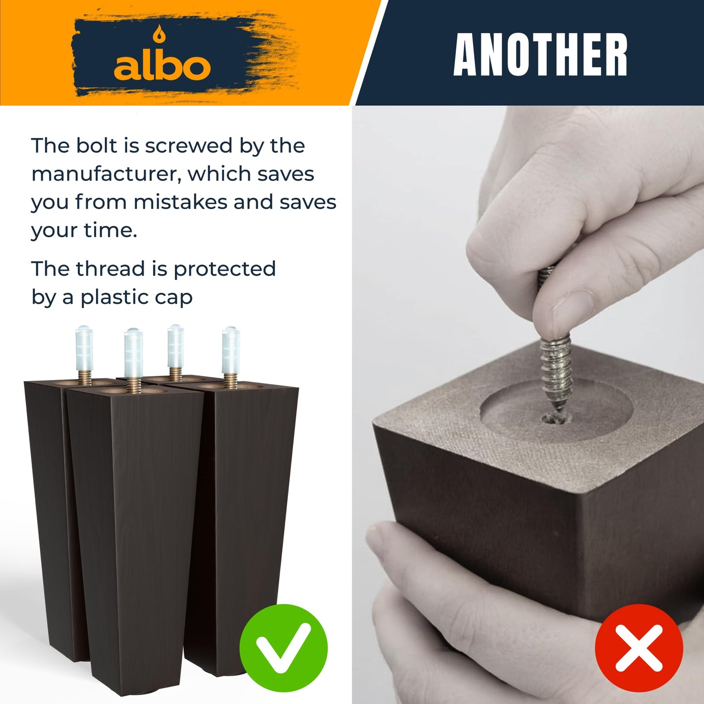 Albo Wood Furniture Legs 8 inch, Heavy Duty Sofa Legs, Pack of 4 Square Brown Couch Legs, Sofa Replacement Parts, for Dresser Legs, Sideboard, Recliner Couch, Circle Chair Couch Riser Coffee Table