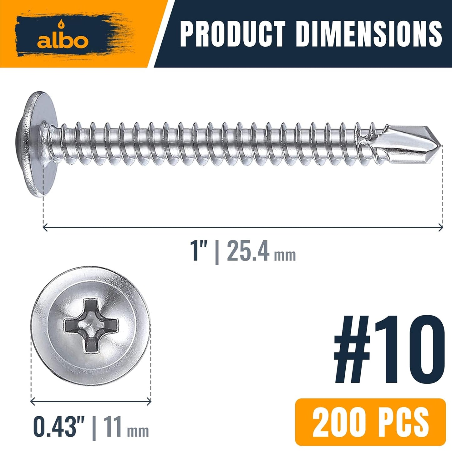 ALBO #10 x 1 inch Stainless Steel Self-Tapping Screws 200pcs