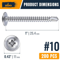 ALBO #10 x 1 inch Stainless Steel Self-Tapping Screws 200pcs