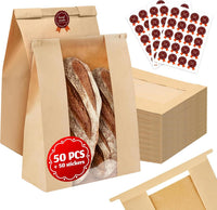 Brown Kraft Paper Bread Bags with Window & Tin Ties (50 Pack + Stickers) - 14x8.3x3.5" Bakery Storage Bags for Farmers Market, Cafe, Wedding Favors, Baguette & Pastry Shop Gift Packaging
