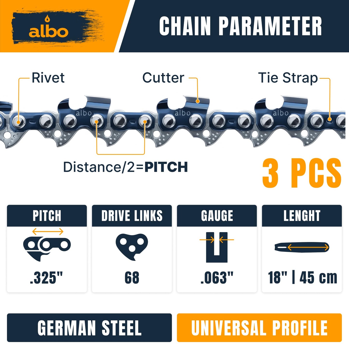 ALBO 18 Inch Chainsaw Chain .325" Pitch .063" Gauge 68 Drive Links - Full Chisel Chrome-Plated Cutters, Reinforced Rivets, Compatible with (PRE 2023 .063") 025, MS250, MS251, MS230, MS260