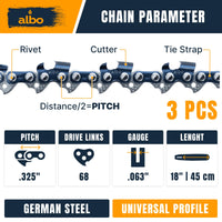ALBO 18 Inch Chainsaw Chain .325" Pitch .063" Gauge 68 Drive Links - Full Chisel Chrome-Plated Cutters, Reinforced Rivets, Compatible with (PRE 2023 .063") 025, MS250, MS251, MS230, MS260
