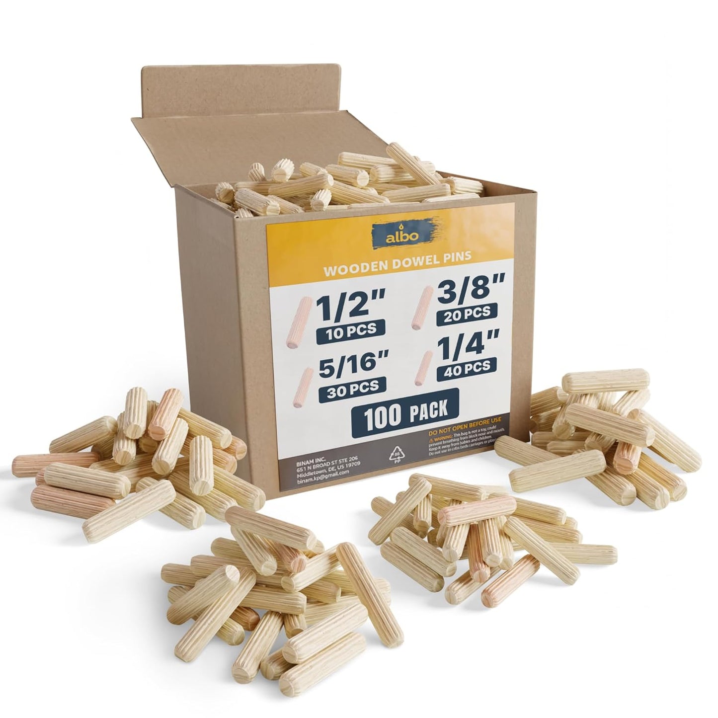 ALBO Wooden Dowel Pins 1/4 x 1-1/4 inch Hardwood 200pcs