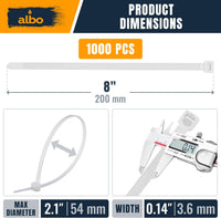 ALBO Zip Ties White 8 inch 1000 Pack 40lb
