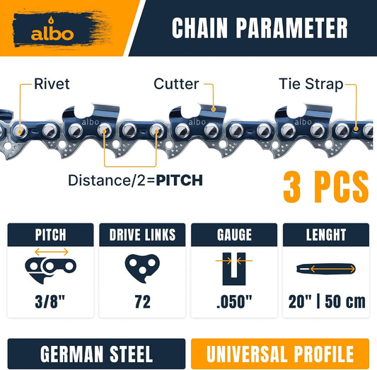 ALBO 20 Inch Full Chisel Chainsaw Chain 3/8" Pitch .050" Gauge 72DL 3 Pack