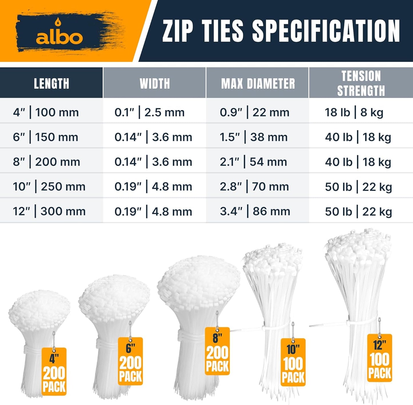 ALBO Assorted Sizes White Plastic Cable Zip Ties 800 Pack