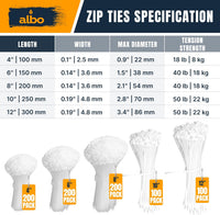 ALBO Assorted Sizes White Plastic Cable Zip Ties 800 Pack