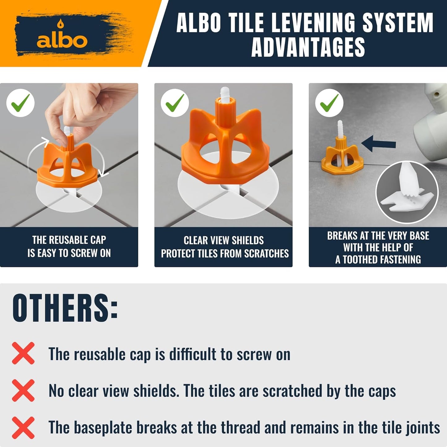 ALBO Reusable Caps 100 PCS for Tile Leveling System - Orange Replacement Caps for Floor & Wall Spacers - Anti-Lippage Installation Tools, Self-Leveling Spacer Kit for Ceramic, Stone & Tile Formats