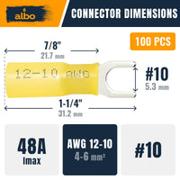 ALBO 12-10 AWG Heat Shrink Fork Connectors #10 Stud – 100 Pack Yellow Waterproof Electrical Spade Terminals, Tinned Copper Crimp Wire Connectors for Automotive, Marine & Battery Wiring